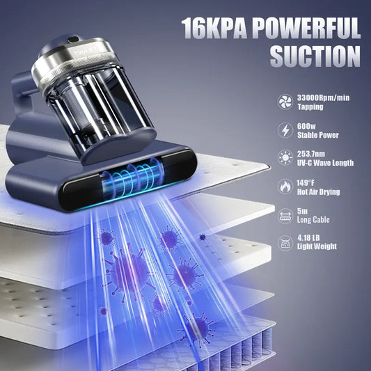 Bed Vacuum Cleaner – UV, 149°F Hot Air, Dual Cup, 16Kpa Suction